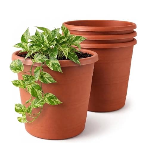 Image of Lizzy 4 Pack Plastic Plant Pots 24cm | Round Flower Pots with Drainage Holes Indoor Outdoor Plant Pots Heavy Duty Garden Planters for Plants Flowers Herbs Stylish Brown Pots