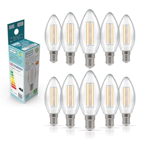 Image of Crompton Lamps Filament Candle LED Light Bulb SBC-B15d | 5W = 40W Equivalent | Cool White 4000K | Energy Efficient | Small Bayonet Lightbulb | Long Life 15000-Hrs | Clear Glass | Dimmable | 10-Pack