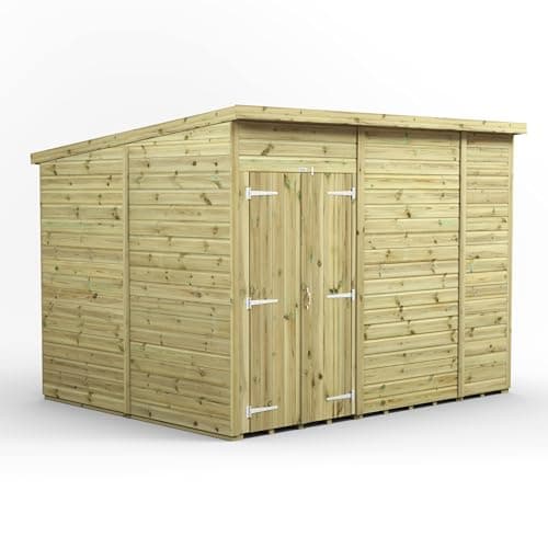 Image of Powersheds High Grade Premium Pressure Treated Windowless Pent Double Door Shed Garden Wooden Shed with Heavy Duty Frame, Galvanised Ironmongery, Throughout made from Extra Thick Timber (10x8)