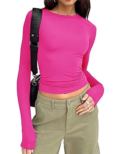 Image of Women's Slim Fit Crop Tops Casual Solid Color Crew Neck Long Sleeve Tight T-Shirt Basic Blouse Tee Tops (Hot Pink, S)