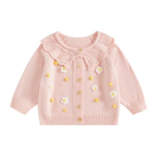 Image of MAHUAOYIXI Toddler Baby Girl Sweater Cardigan Long Sleeve 3D Flower Embroidery Knitted Cardigan Tops Knit Jumpers Sweatshirt Winter Warm Button Closure Pullover Knitwear (Pink, 2-3 Years)