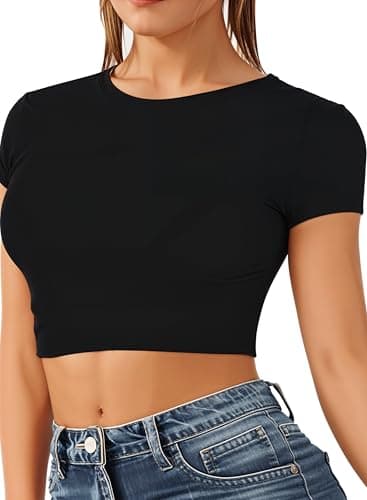 Image of Re Tech UK - Women's Basic Ladies Short Sleeve Stretchy Crop Tops for Women, Slim Fit Crew Neck, Cropped T Shirt, Summer, Cute, Tshirt, Sizes 8-14 (M/L 12-14, Black)