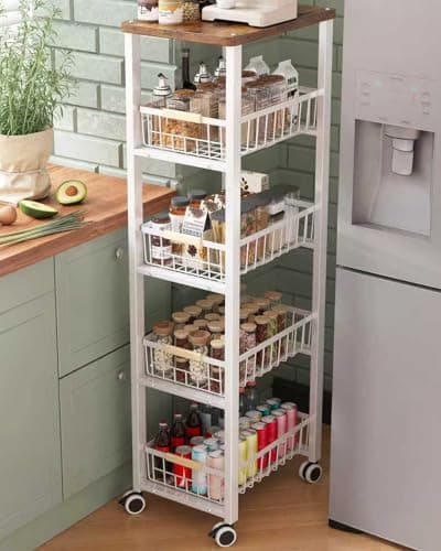 Image of Ornestia Vegetable Rack with Wooden Top,5-tier kitchen Storage Trolley,Vegetable Trolley on Wheels for Kitchen, Pantry, Office (40cm*30cm*107cm -White)