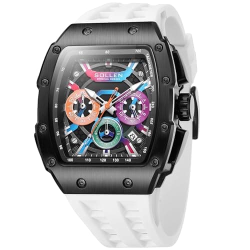 Image of SOLLEN Stylish Men's Chronograph Watches, Analog Tonneau Quartz Mens Watches with Calendar,Fashion Sport Casual Work Wrist Watches for Men with Silicon Strap,Colorful Dial Skeleton Watch Gifts for Men