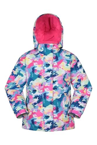 Image of Mountain Warehouse Snowdrop Printed Kids Ski Jacket - Waterproof, Integrated Snowskirt, Detachable Hood, Adjustable Cuffs -Best for Snowboarding, Winter Sports Bright Pink Kids Size 5-6 Years