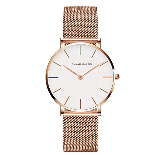 Image of Hannah Martin Women's Stainless Steel Waterproof Ultra Thin Mesh Analog Quartz Watch, White Surface, Rose Gold Bracelet 2, Bracelet
