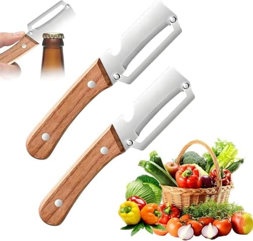 Image of Wooden Handle Peeler, Stainless Steel Vegetable Peeler with Wooden Handle, Multi-Functional Vegetable Peeler for Kitchen, 2 in 1 Peelers for Kitchen & Built-in Bottle Opener, Easy to Use & Clean (2pc)