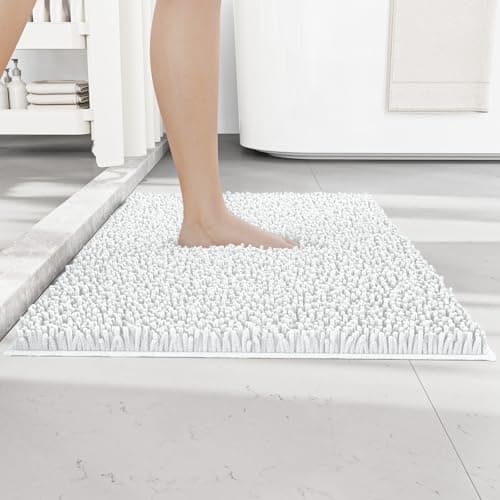 Image of RUN HELIX Non Slip Chenille Bath Mat, Versatile Soft Bathroom Mat & Shower Mat, Machine Washable Absorbent Bath Mats for Bathroom, Living Room, Kitchen, Bedroom & Indoor Scenes, 50x80cm, White