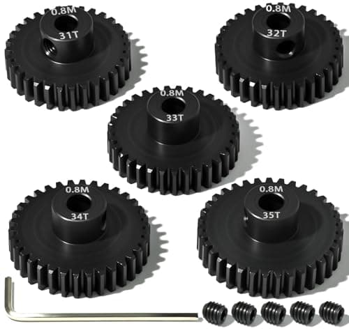 Image of 5Pcs 0.8M Hardened Steel Pinion Gear Set 5mm Shaft 31T 32T 33T 34T 35T Motor Pinion Gear with M4 Screw and Hex Key, for Arrma HPI Kyosho Losi Axial Traxxas Tamiya 1/10 RC Car and 540/550 Motors