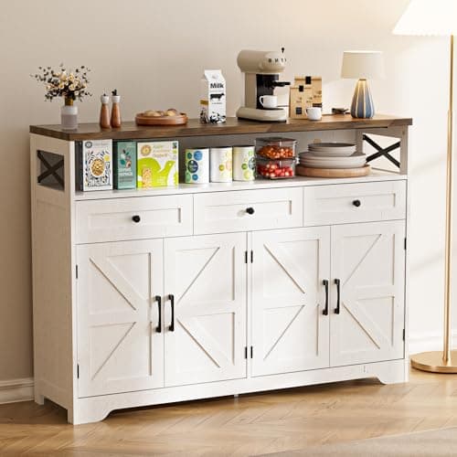 Image of BonVache Sideboards Cabinet with Power Outlets,Wooden Storage Sideboard with Adjustable Shelf,3 Drawers and Open Shelf,Buffet Cupboard for Living Room,Kitchen,Hallway, Dining Room,White