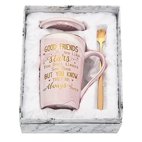 Image of Joymaking Friendship Coffee Mug Set with Gift Box - Good Friends are Like Stars, 14 Oz Pink Marble Mug Tea Cup, Sister Gifts for Her, Girls, Friend Birthday