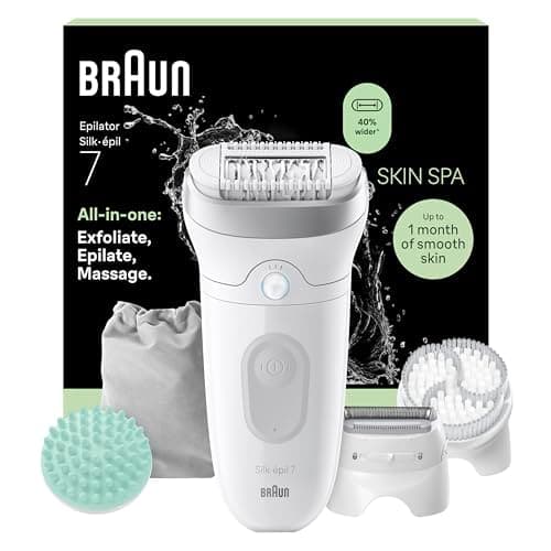 Image of Braun Silk·épil 7 SkinSpa, All-in-One Set, Epilator with Wide Head for Easy Hair Removal, Wet & Dry, Lasting Smooth Skin, Includes Massage Pad, Shaver Head and Trimmer Comb, 7-081, Silver