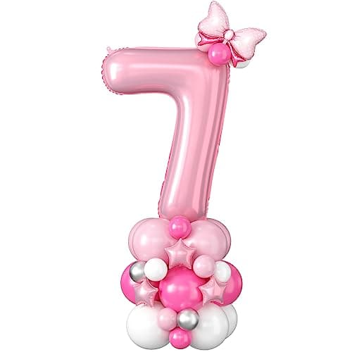 Image of Number 7 Balloon Pink 40 Inch Giant Number Foil Balloon Extra Large Number Seven Balloon Tower Big Pastel Pink Helium Latex Digital Balloons Stack for 7th Birthday Anniversary Party Decor