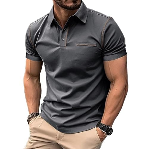 Image of MakingDa Men's Short Sleeve Polo Shirts Regular Fit Stretch Lightweight Plain Collared Shirts Wicking Breathable Classic Soft Summer Tee Top Deep Grey XL