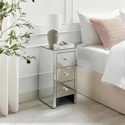 Image of Furniturebox UK Murano Contemporary Mirrored Bedside Table Bed Side Table Bedroom Cabinet Modern Slimline Small Compact 3 Drawer Reflective Stylish Bedroom Nightstand Furniture