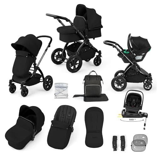 Image of Ickle Bubba Stomp Luxe 12pc 3 in 1 Travel System with Nimbus i-Size Car Seat & ISOFIX Base, Baby Pram Pushchair with Carrycot, Birth to 22kg, Midnight/Black, Black Chassis