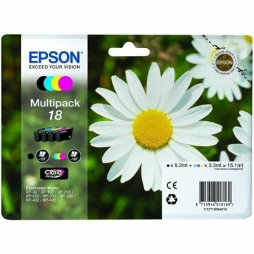 Image of Epson Genuine Daisy Claria Multipack 18 Ink Cartridge - 4 Colours: Black, Cyan, Magenta, Yellow Cartridges - 1x 5.2ml, 3x 3.3ml - Brand manufactured for optimal result