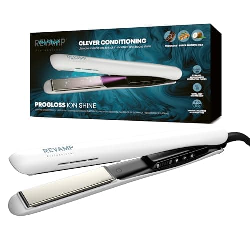 Image of REVAMP Ion Shine Ceramic Hair Straighteners, Infrared and Ionic Technology for Sleek Frizz Free Results, Infused with Smooth Keratin, Argan and Coconut Oils, Variable Heat, for All Hair Types, White