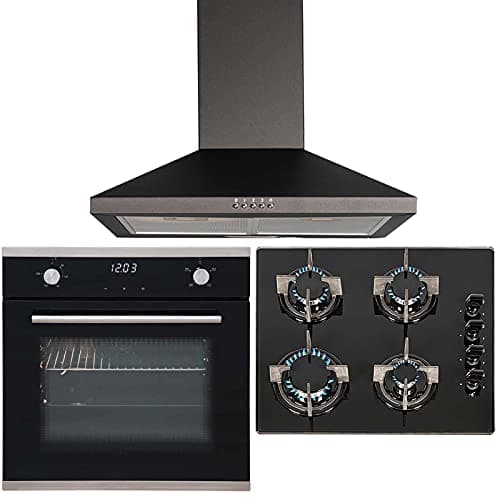 Image of SIA 60cm Black Touch Control Single Fan Oven, 4 Burner Gas Hob & Chimney Hood