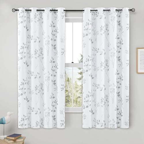 Image of Beauoop Grey Floral Blackout Curtains for Bedroom Living Room 54 Inch Drop Leaf Print White Eyelet Curtain Botanical Thermal Insulated Noise Reducing Window Curtain Drapes 2 Panels