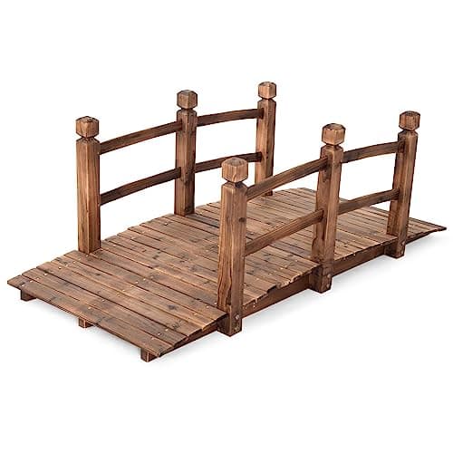 Image of GiantexUK 1.5M Wooden Garden Bridge, Decorative Arc Footbridge with Safety Guardrails, Outdoor Bridge Walkway for Ponds Streams Borders (Wooden Railings, Brown)