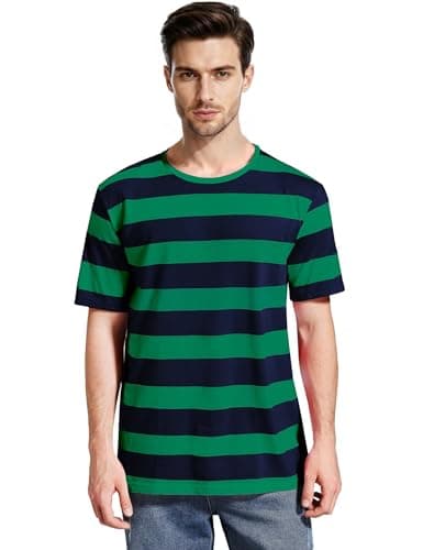 Image of Wide Striped T Shirt for Men Sailor Tee Red White Black Navy Stripes Top Basic, Navy Green Striped, XL