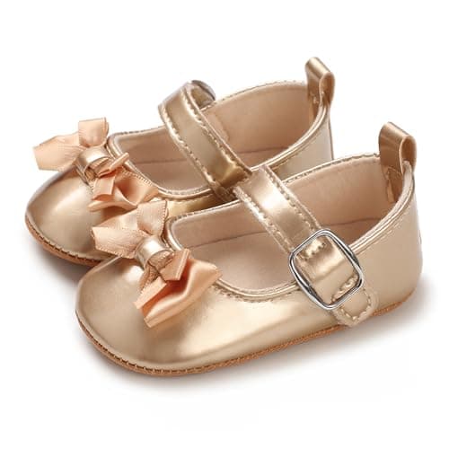 Image of MASOCIO Baby Girl Shoes Infant Girls First Walking Mary Jane Pram Crib Shoes Pre Walkers Soft Sole Size 4 UK Child 12-18 Months Gold