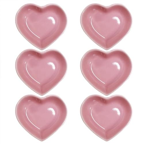 Image of Pirhosigma 6 pcs Pink Heart Shaped Porcelain Soy Sauce Dish Snack Bowl Ceramic Dip Dipping Bowls 1.65 oz for Dinner Baking BBQ and Cooking