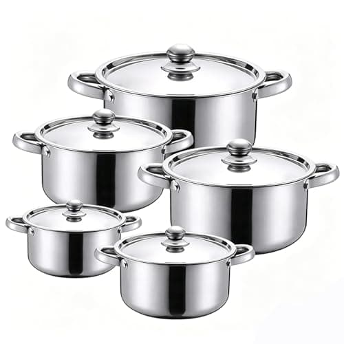 Image of Stainless Steel Pots Set, 10 Piece Kitchen Induction Cookware Set 5 Saucepans with 5 Lids, Dual Handle Fast Heating Soup Pot for Gas, Electric & Ceramic Hobs (Sliver)