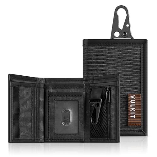 Image of VULKIT Mens RFID Blocking Trifold Wallet Water-Rsistant Fabric and Leather Credit Card Holder with Zip Coin Pocket & Key Buckle for Daily Travel Outdoor
