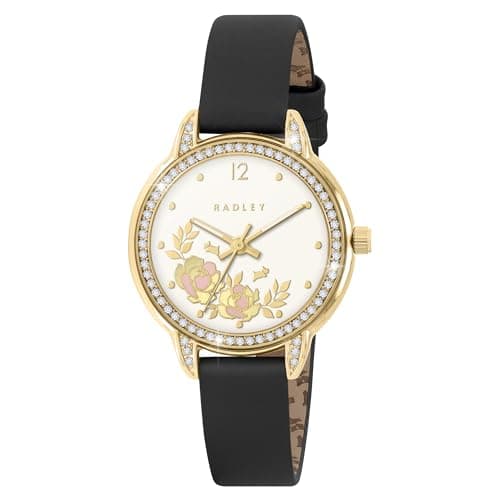 Image of RADLEY Womens Gold Plated Stone Set Floral Black Leather Strap Watch