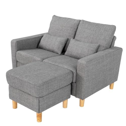 Image of Hroth Small 2 Seater Sofa with Ottoman and 2 Pillows, Bedroom Sofa and Fabric Sofa for Bedroom and Office,Comfortable Grey Sofa​ 2 Seater