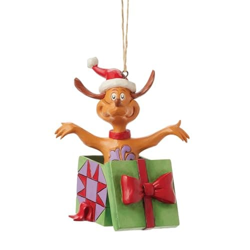 Image of Enesco Dr. Seuss Grinch by Jim Shore Max The Dog Popping Out of a Present Hanging Ornament, 4.125 Inch, Multicolor