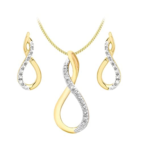 Image of CARISSIMA Women's 9ct Yellow Gold Diamond Figure 8 Drop Earrings and Pendant on Curb Chain Necklace of 46cm/18