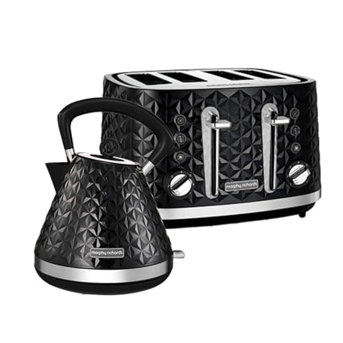 Image of Morphy Richards Vector Pyramid Kettle and 4-Slice Toaster Set – 1.7L Rapid Boil Traditional Kettle with Anti-Limescale Filter & Variable Browning 4-Slice Toaster, Black 108131 | 248131