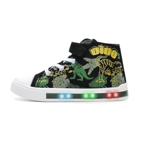 Image of Kids Light Up Trainers, Boys Girls High Top Shoes Flashing Sneakers Toddler Easy On Canvas Shoes Green Dinosaur Size 12 UK Child