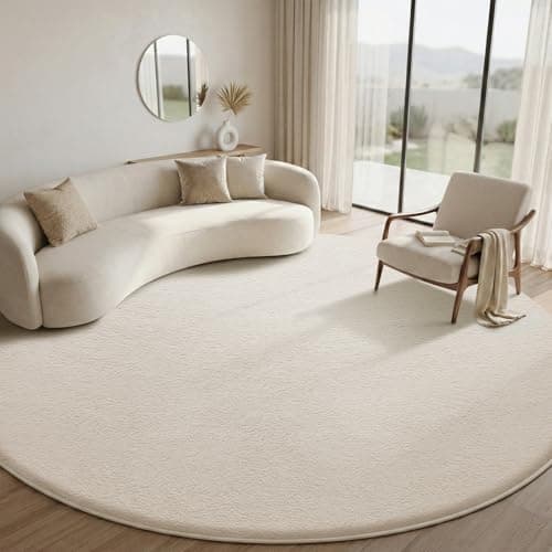 Image of Treeboy Round Rug 160cm, Non-Slip Washable Fluffy Shaggy Cream Area Rug, Soft Short Pile Circle Carpet for Living Room Bedroom Kids Room Hallway Entryway