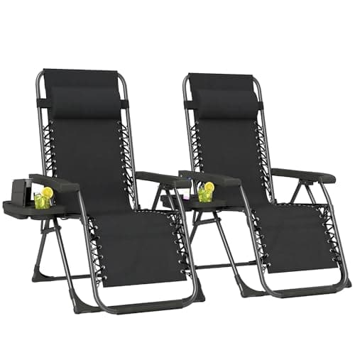 Image of Outsunny Zero Gravity Chairs Set of 2, Folding Adjustable Sunloungers Garden Recliners with Cup Holder and Headrest, Reclining Garden Chairs for Patio, Beach, Terrace, Camping, Black