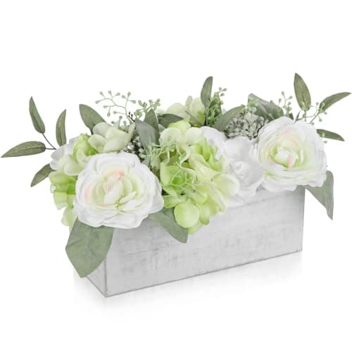 Image of Oairse Artificial Flower Arrangement in Rustic Wooden Box Artificial Flowers in Pot Silk Flowers Centerpiece for Table, Shelf, Home, Office Living Room Decor Farmhouse Faux Floral Display