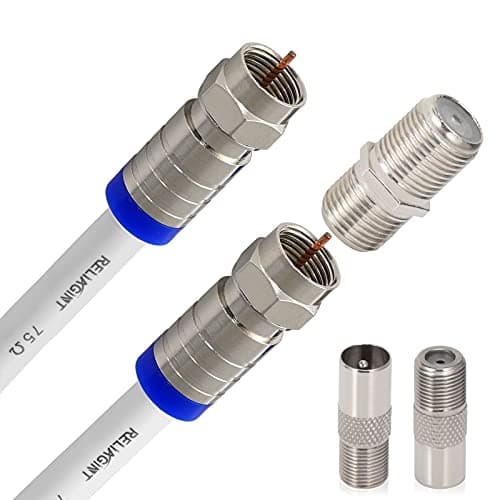 Image of RELIAGINT RG6 TV Coaxial Cable 5m – 75 Ohm Copper Satellite & TV Aerial Cable with F Connectors & F81 Coupler, Waterproof, up to 3 GHz, White