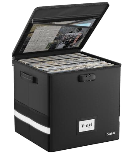 Image of Vinyl Record Storage Box with Lock,Fireproof＆Waterproof Vinyl Storage Case for 12 inch Records Holds up to 100+ Single Records,Collapsible Portable Record Organizer for Collecting Valuable Album