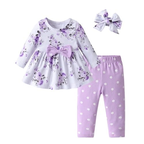 Image of Kumsolu Baby Girl Clothes Outfits Bow Tie Floral Print Long Sleeve Top +Polka Dot Print Pants Clothing Set