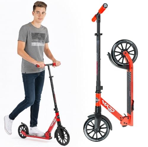 Image of Madd Gear Metro 250 Folding Adult & Teen Scooter - Adjustable, Lightweight, 2-Wheel Commuter Scooter with Large Smooth Rolling Wheels (Black/Red)