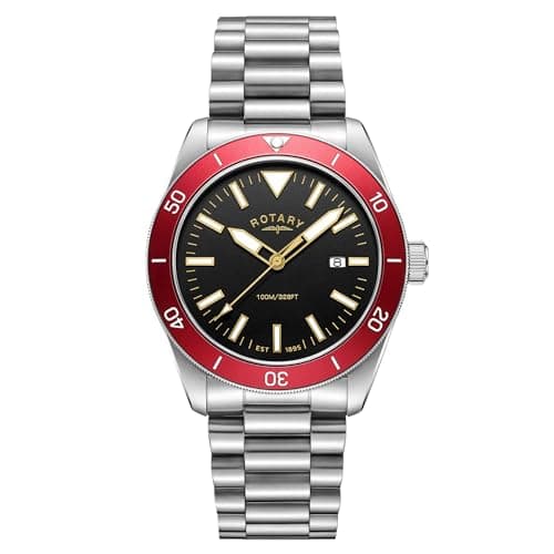 Image of Rotary Men's Apex100 Red Bezel Stainless Steel Bracelet Watch