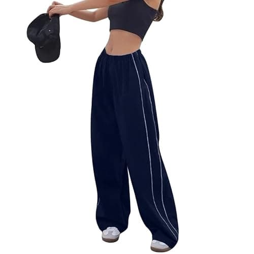 Image of Litthing Womens Baggy Cargo Trousers Elastic Waist Parachute Pants Drawstring Wide Leg Casual Track Pant with Pockets Y2k Streetwear for Women Dark Blue