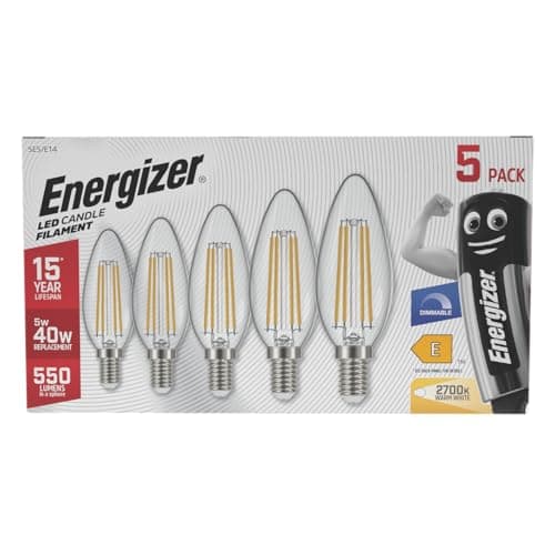 Image of Energizer Dimmable Filament LED Candle Bulbs, E14 /Small Edison Screw, Clear 550 Lumens, Warm White, Pack of 5