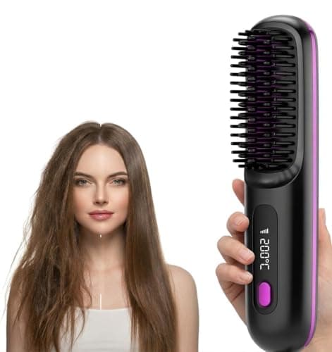 Image of Hair Straightening Brush for Women, Electric Heated Straightener with Digital Display, Ionic Technology, Black and Purple