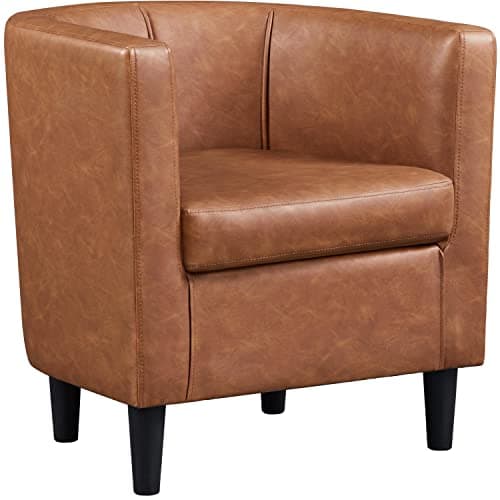 Image of Yaheetech PU Leather Tub Chair, Modern Upholstered Armchair, Accent Club Sofa Chair for Living Room Bedroom Lounge Reception, Brown