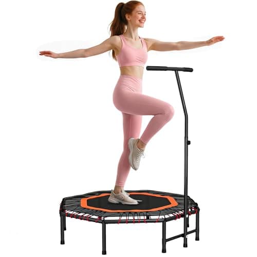 Image of HOMCOM 48" Octagonal Mini Fitness Trampoline Rebounder Indoor Outdoor Foldable Mini Jumper with Adjustable Handle, Max Load 150 KG, Orange