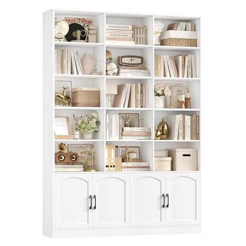 Image of FirFurd Bookcase 209cm Tall Bookshelf with Doors 7-Tier Living Room Bookcase Free Standing Display Shelf Tall Storage Shelving Unit for Home Office 209x150x23.7cm White